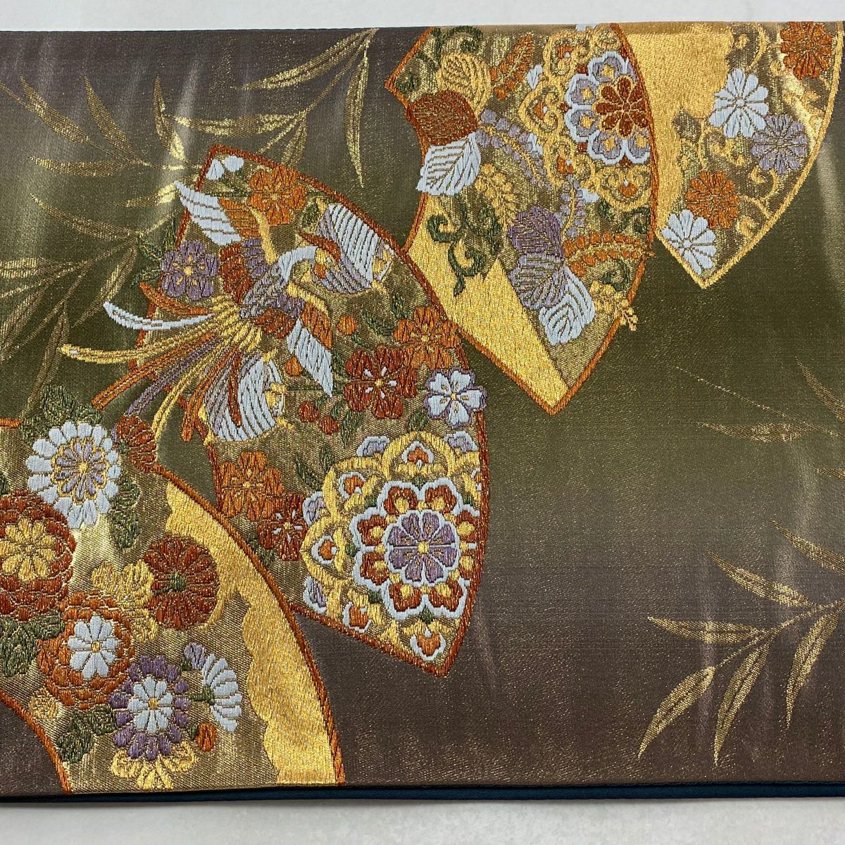 【美品】 袋帶 秀品級 證書齊全 扇子面 花鳥 金金箔 金絲 灰綠 六通 純蠶絲