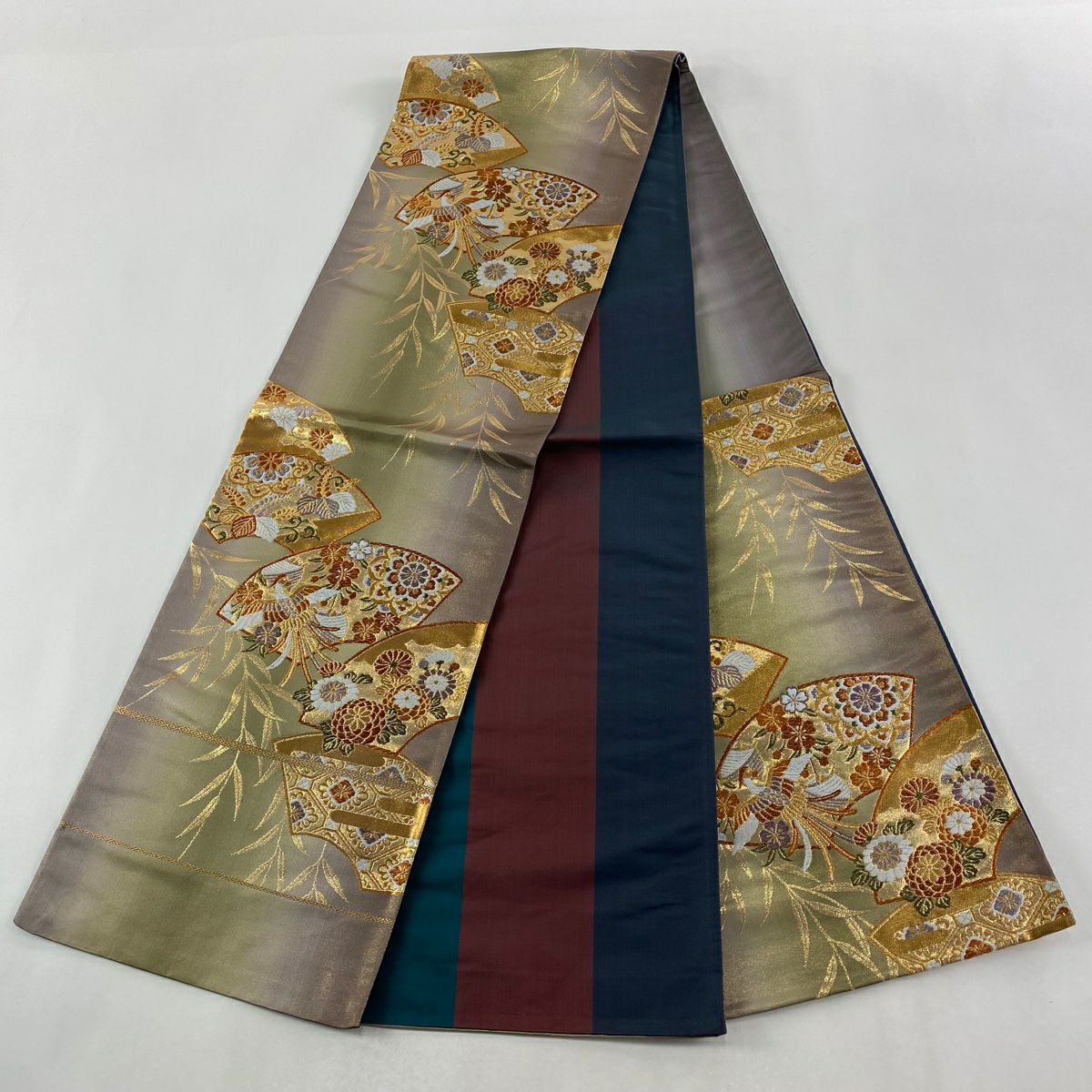 【美品】 袋帶 秀品級 證書齊全 扇子面 花鳥 金金箔 金絲 灰綠 六通 純蠶絲