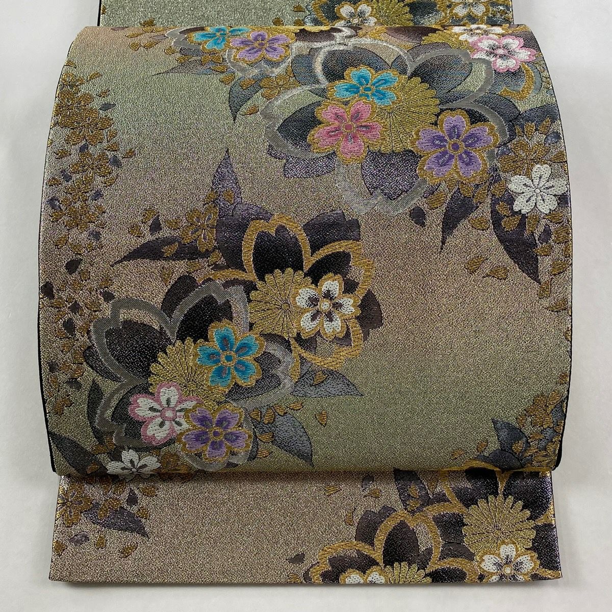 【美品】 袋帶 優品級 振袖禮服禮服用 櫻花 金金箔 金絲 奶油色 六通 純蠶絲