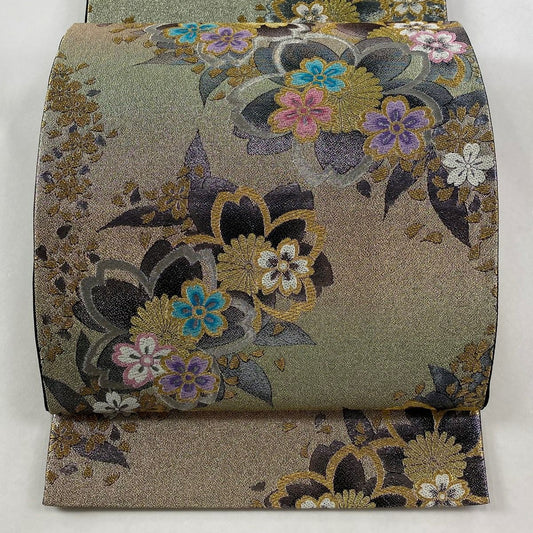 【美品】 袋帶 優品級 振袖禮服禮服用 櫻花 金金箔 金絲 奶油色 六通 純蠶絲