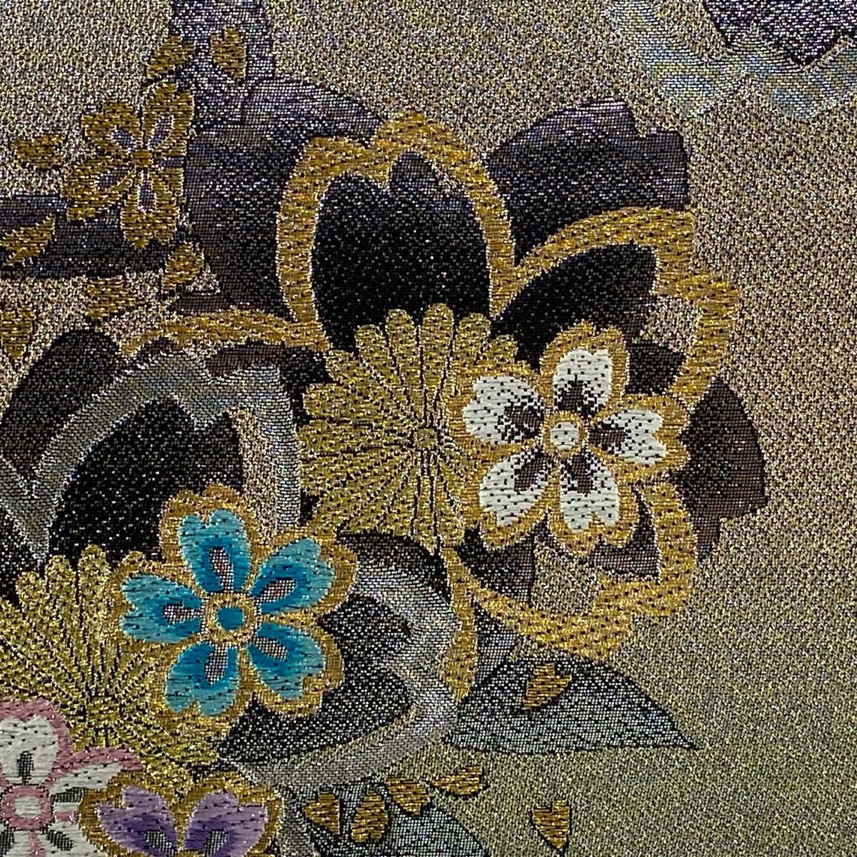 【美品】 袋帶 優品級 振袖禮服禮服用 櫻花 金金箔 金絲 奶油色 六通 純蠶絲
