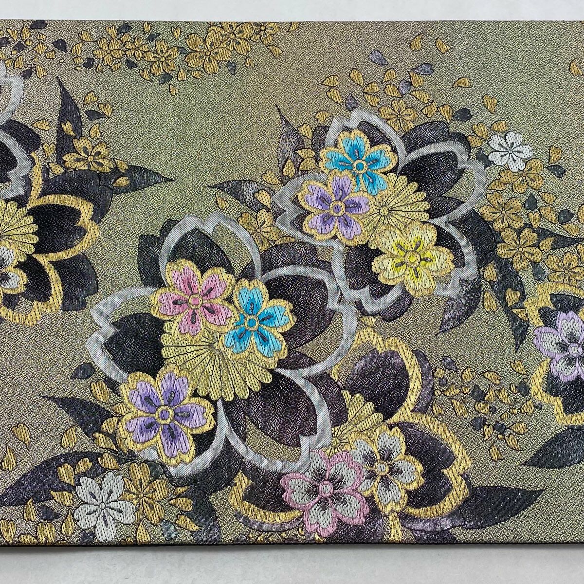 【美品】 袋帶 優品級 振袖禮服禮服用 櫻花 金金箔 金絲 奶油色 六通 純蠶絲