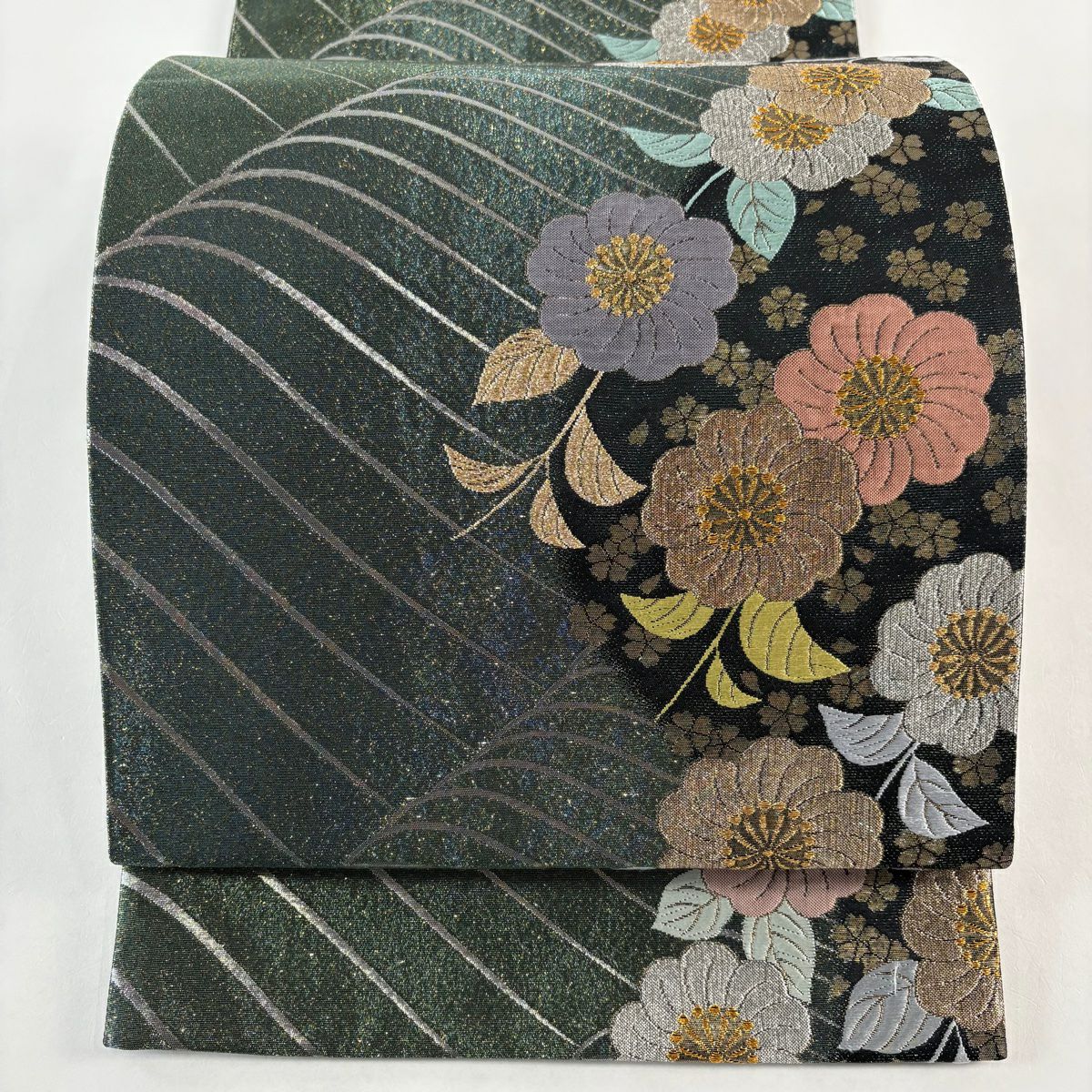 【美品】 袋帶 秀品級 草花紋 金銀彩 金金箔 深綠 全通 純蠶絲