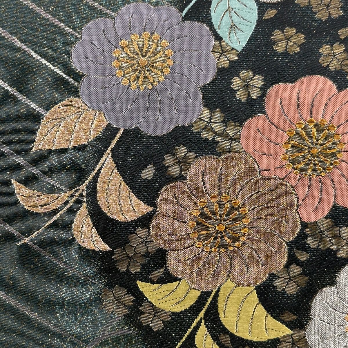 【美品】 袋帶 秀品級 草花紋 金銀彩 金金箔 深綠 全通 純蠶絲