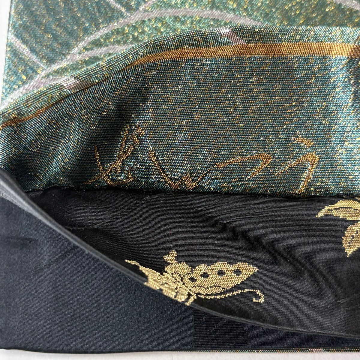 【美品】 袋帶 秀品級 草花紋 金銀彩 金金箔 深綠 全通 純蠶絲