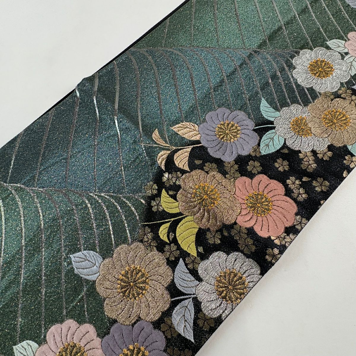 【美品】 袋帶 秀品級 草花紋 金銀彩 金金箔 深綠 全通 純蠶絲