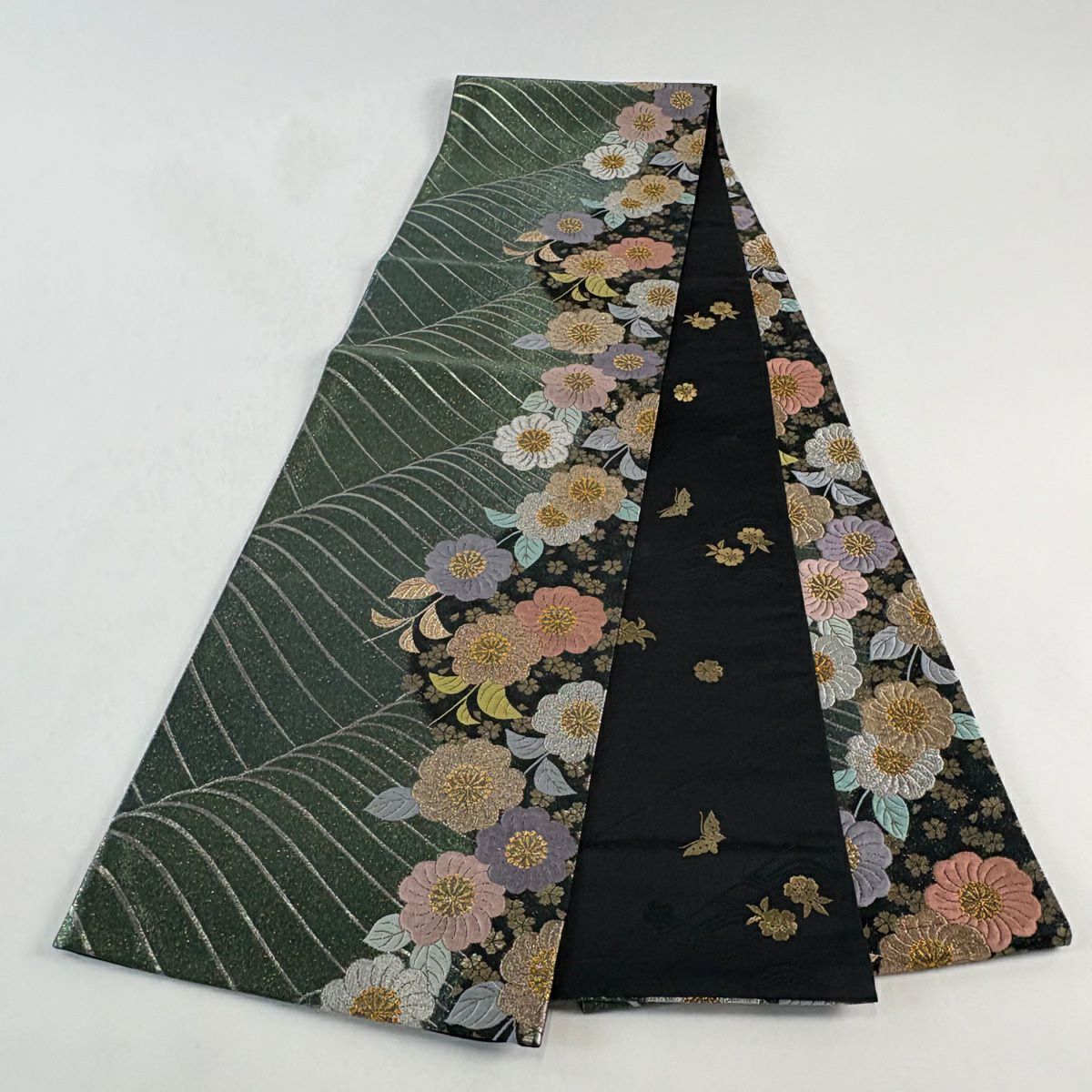 【美品】 袋帶 秀品級 草花紋 金銀彩 金金箔 深綠 全通 純蠶絲