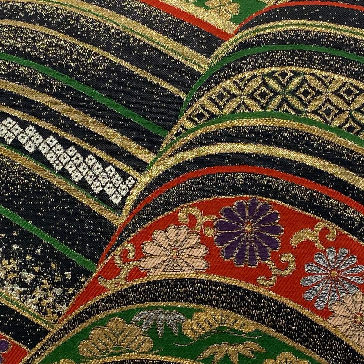 【美品】 袋帶 秀品級 波 草花紋 金金箔 黑 六通 純蠶絲