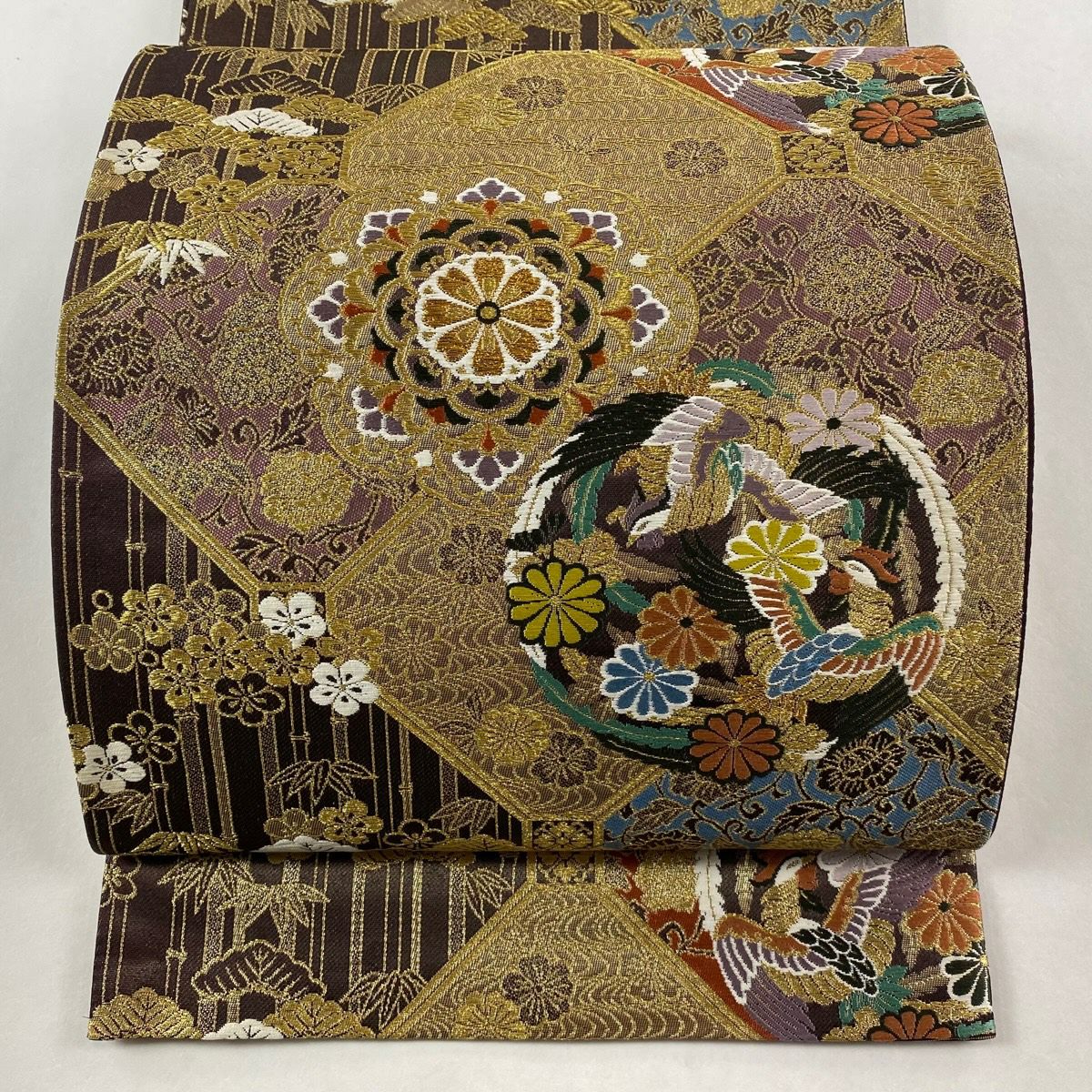【美品】 袋帶 秀品級 吉祥 蜀江取松樹竹子梅花紋 鳳凰 華紋 金絲 金金箔 茶紫 全通 純蠶絲
