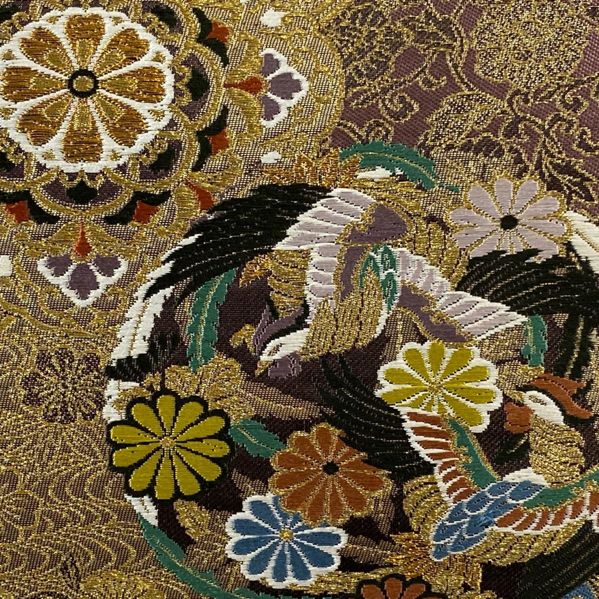 【美品】 袋帶 秀品級 吉祥 蜀江取松樹竹子梅花紋 鳳凰 華紋 金絲 金金箔 茶紫 全通 純蠶絲