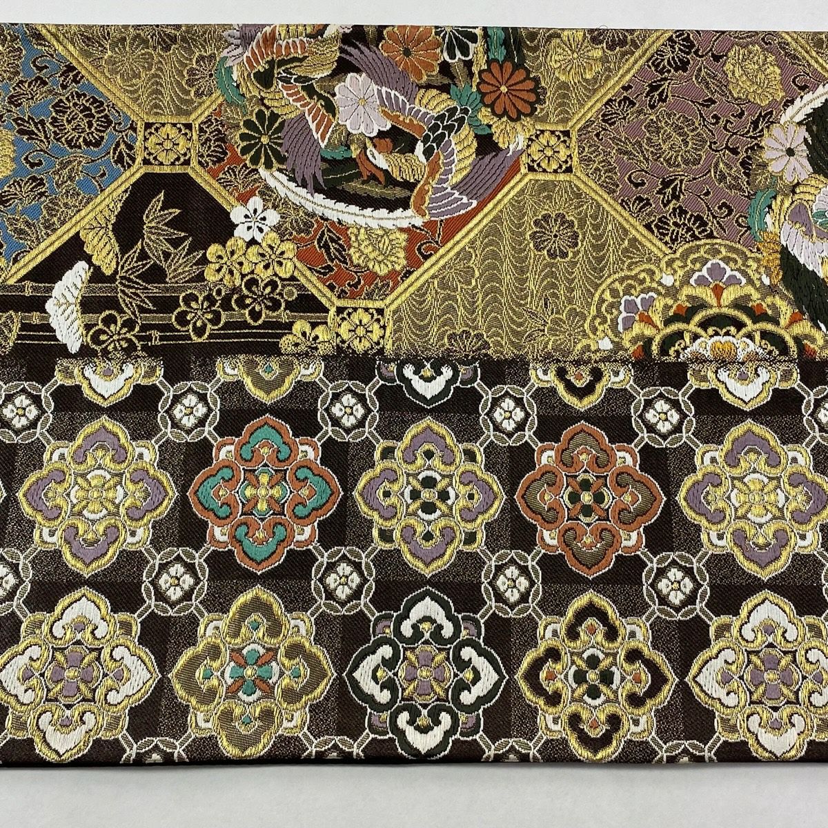 【美品】 袋帶 秀品級 吉祥 蜀江取松樹竹子梅花紋 鳳凰 華紋 金絲 金金箔 茶紫 全通 純蠶絲