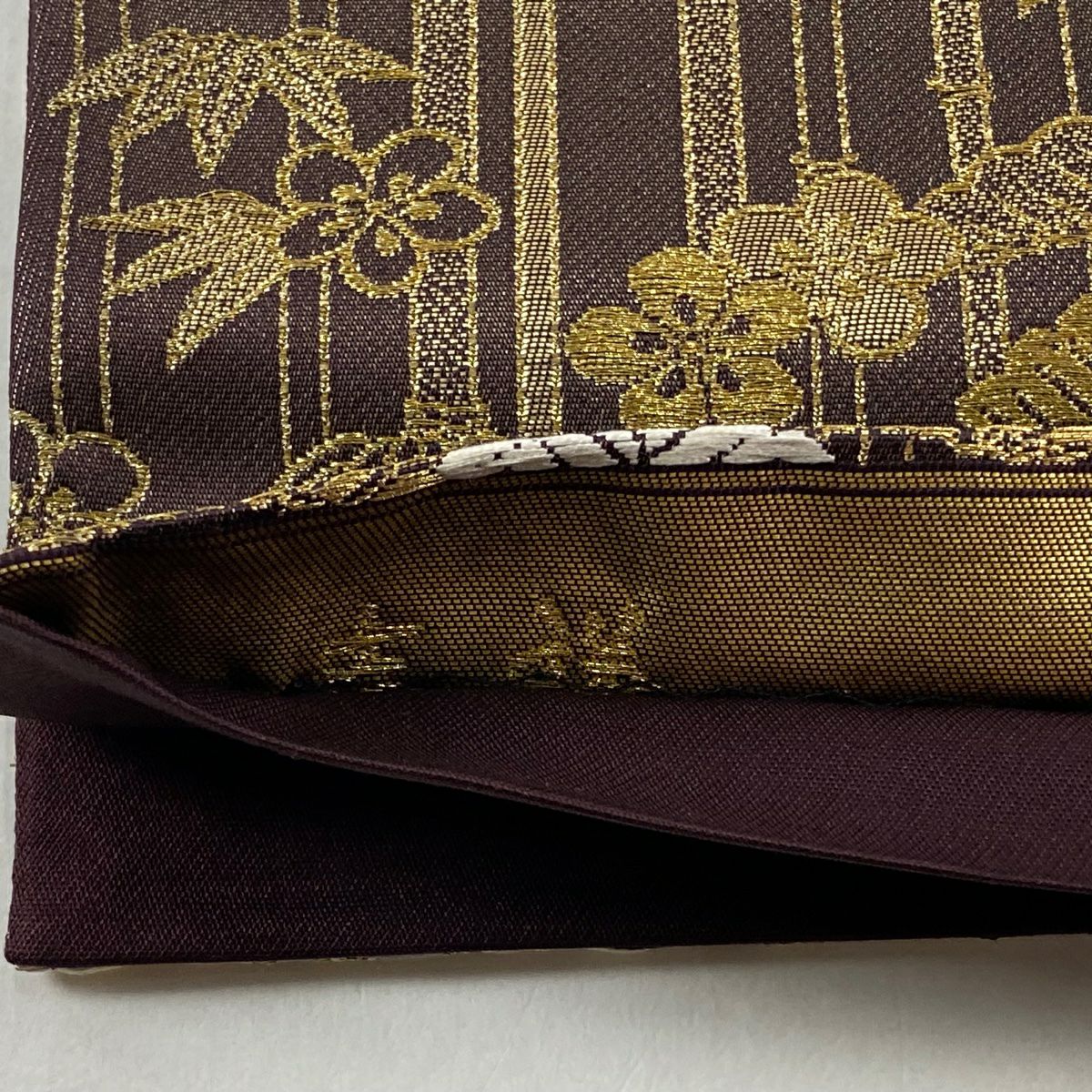 【美品】 袋帶 秀品級 吉祥 蜀江取松樹竹子梅花紋 鳳凰 華紋 金絲 金金箔 茶紫 全通 純蠶絲