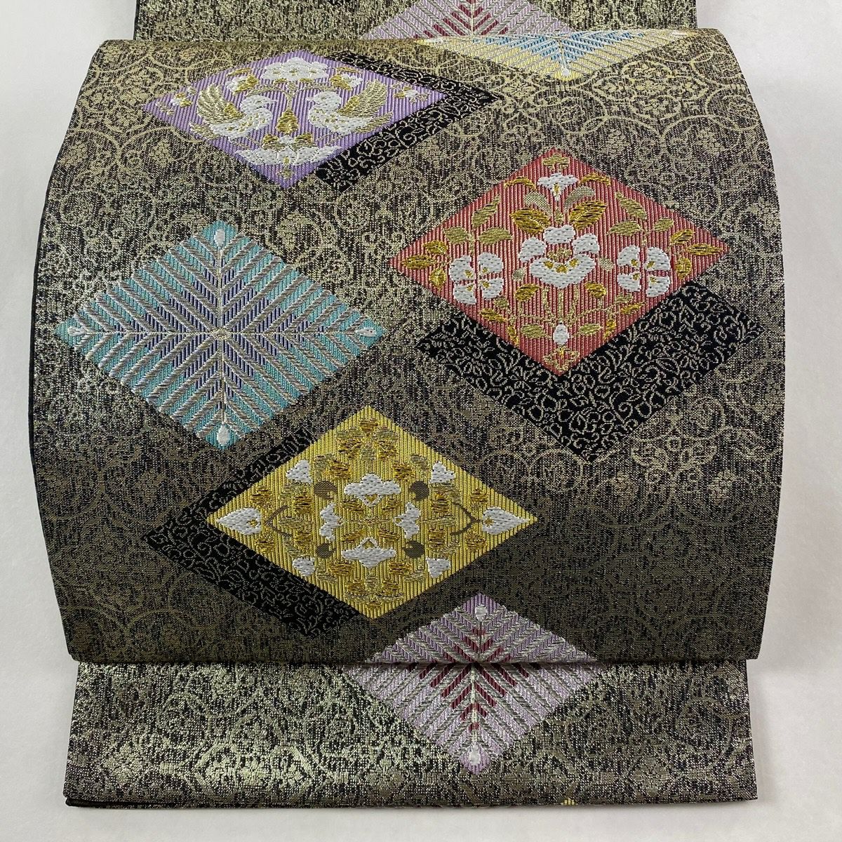 【美品】 袋帶 秀品級 向鳥 若松樹菱 金銀絲 金金箔 金色 六通 純蠶絲