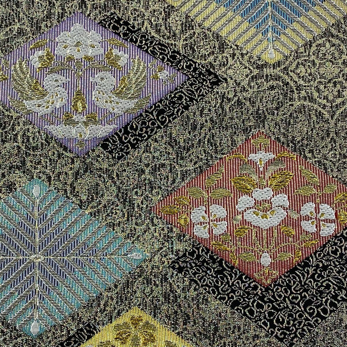 【美品】 袋帶 秀品級 向鳥 若松樹菱 金銀絲 金金箔 金色 六通 純蠶絲