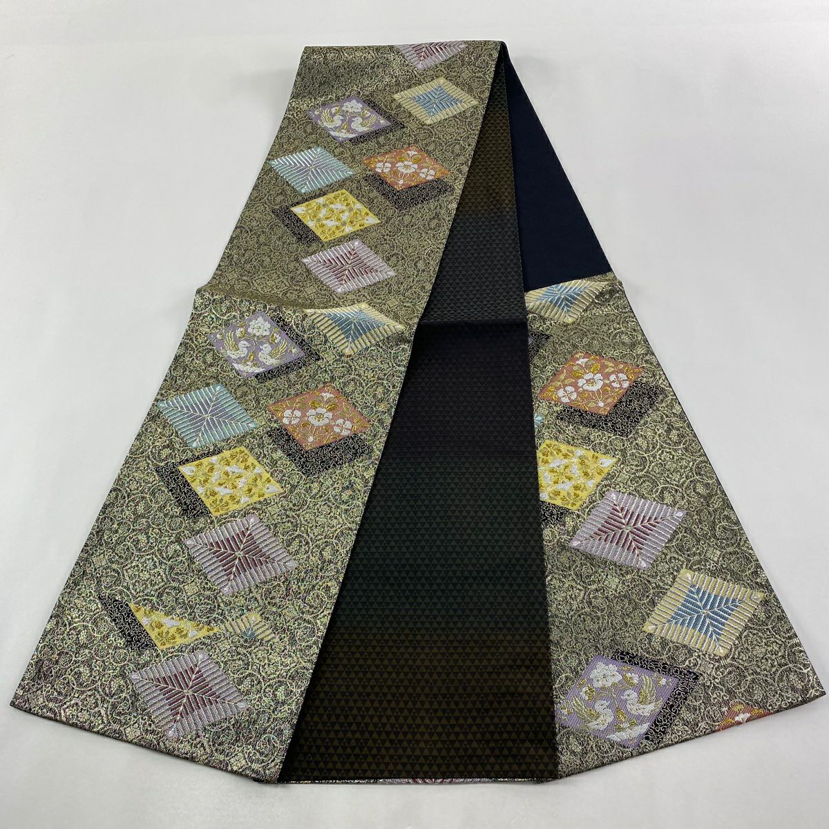 【美品】 袋帶 秀品級 向鳥 若松樹菱 金銀絲 金金箔 金色 六通 純蠶絲