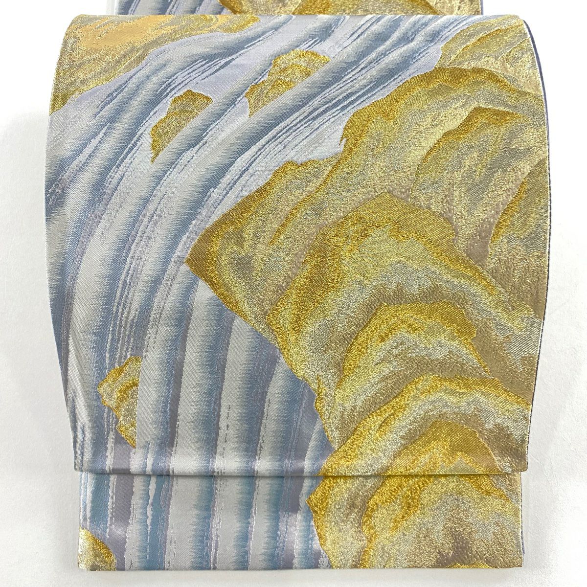 【美品】 袋帶 秀品級 渓流 山河 金銀絲 薄紫 六通 純蠶絲