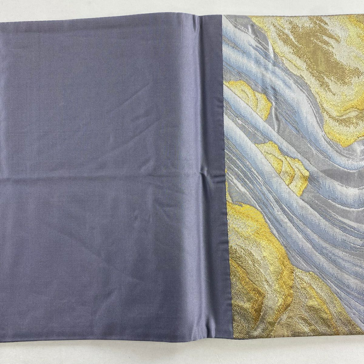 【美品】 袋帶 秀品級 渓流 山河 金銀絲 薄紫 六通 純蠶絲