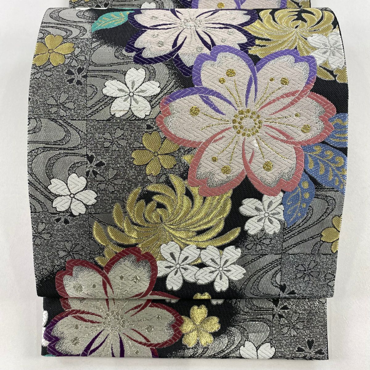 【美品】 袋帶 秀品級 樱花 流水 金銀線 金金箔 銀色 六通 純蠶絲