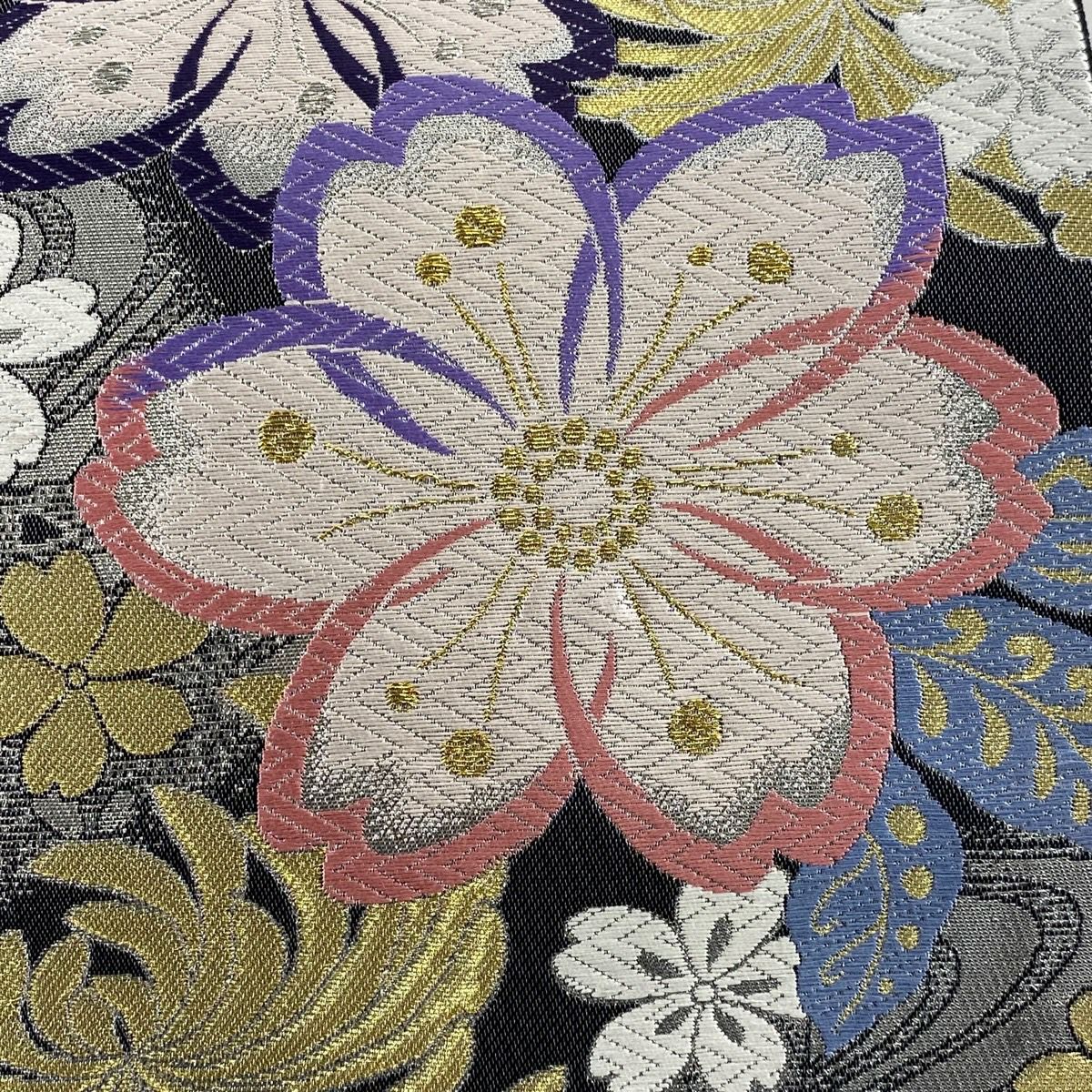 【美品】 袋帶 秀品級 樱花 流水 金銀線 金金箔 銀色 六通 純蠶絲