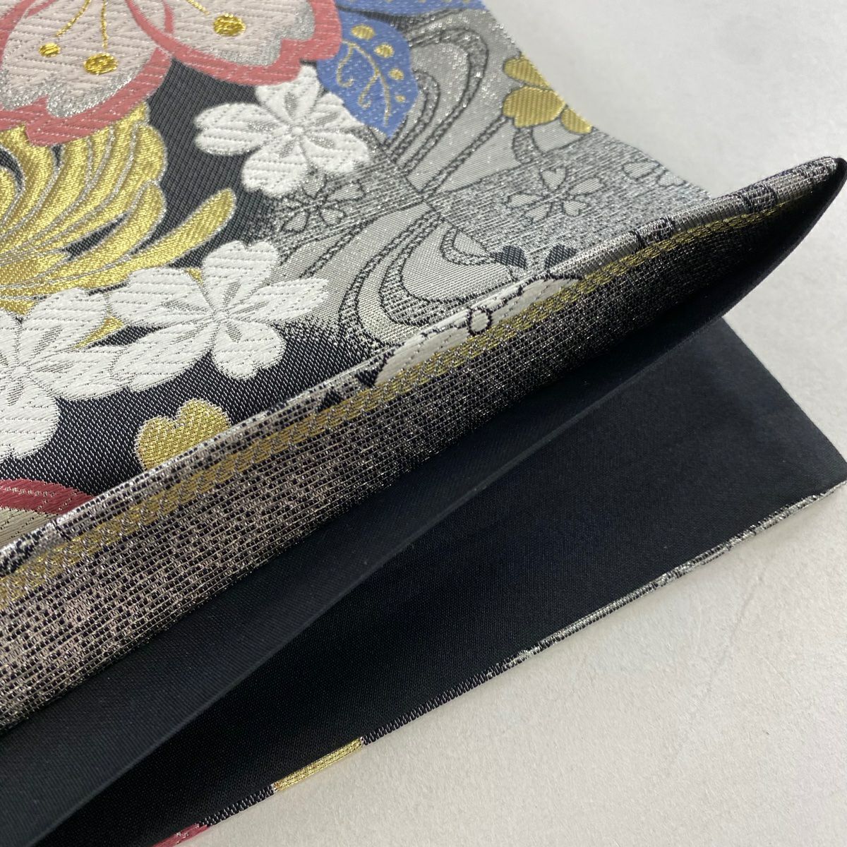 【美品】 袋帶 秀品級 樱花 流水 金銀線 金金箔 銀色 六通 純蠶絲