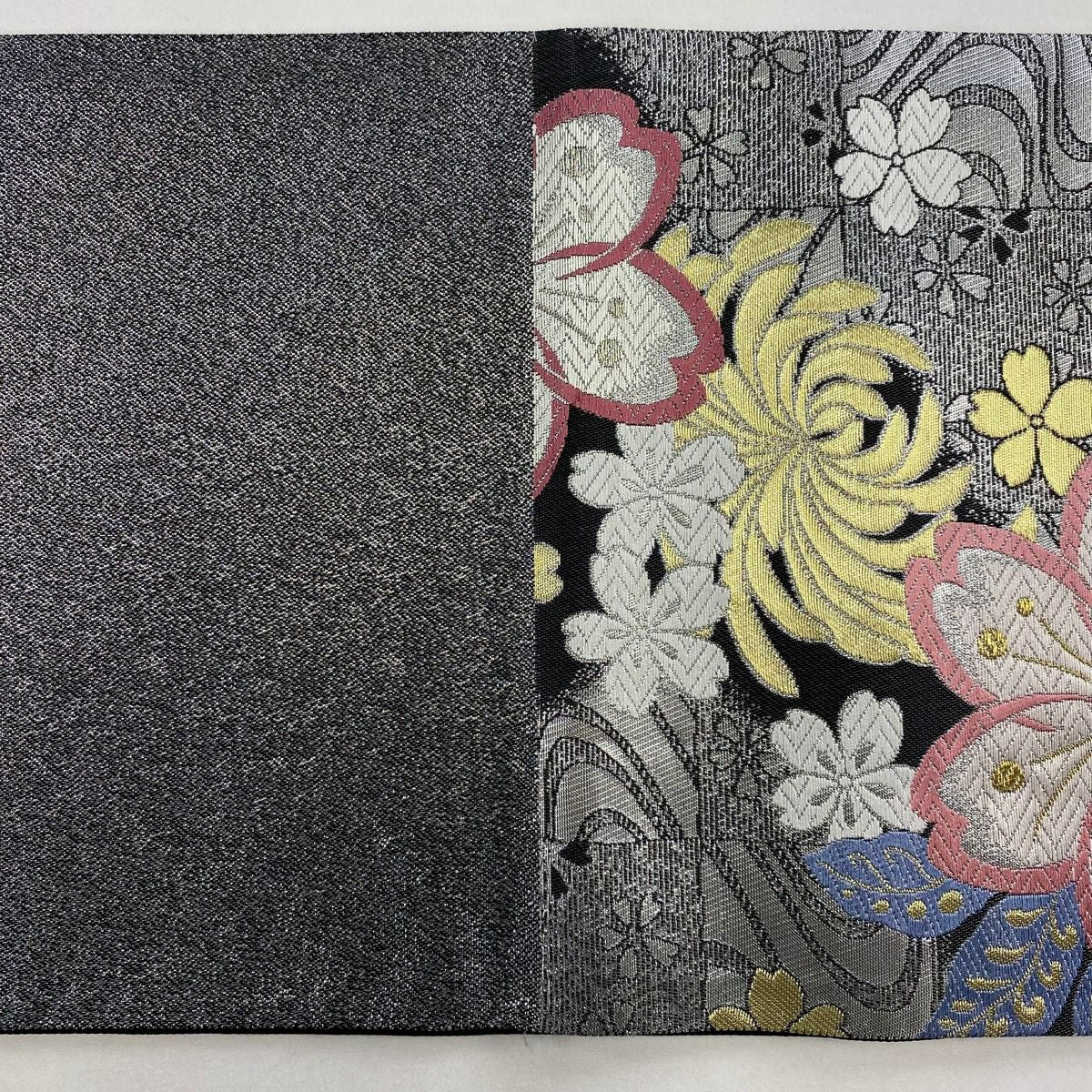 【美品】 袋帶 秀品級 樱花 流水 金銀線 金金箔 銀色 六通 純蠶絲