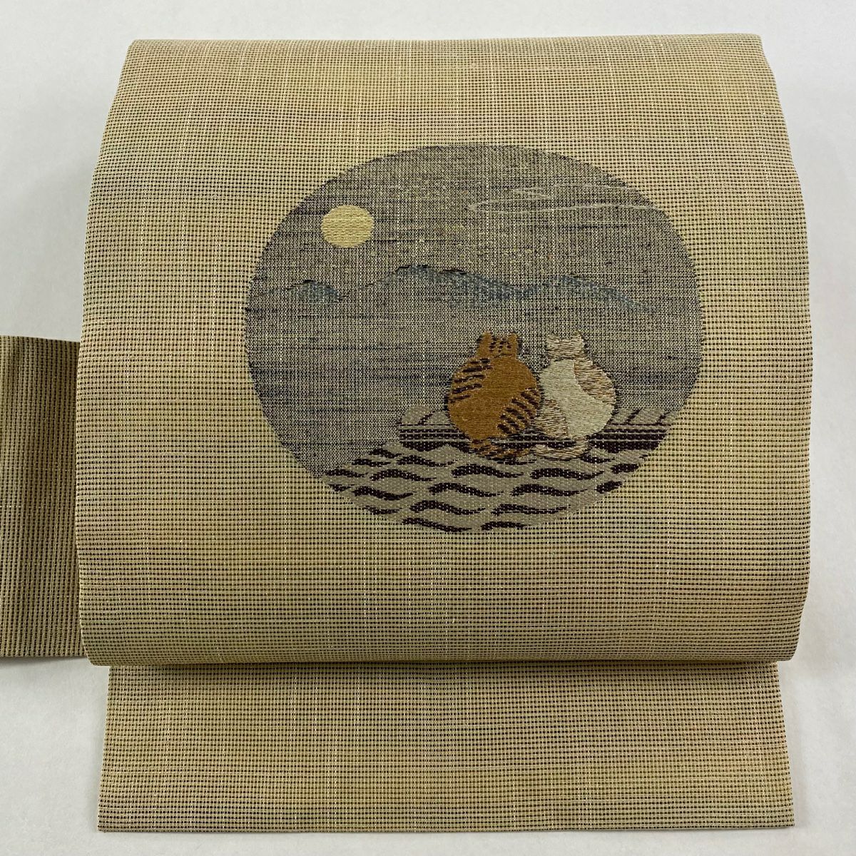 【美品】名古屋帶 逸品級 貓 月 金絲 米色 純蠶絲