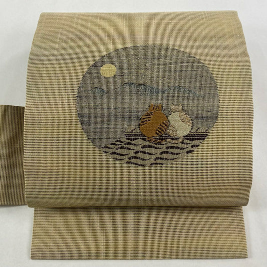 【美品】名古屋帶 逸品級 貓 月 金絲 米色 純蠶絲