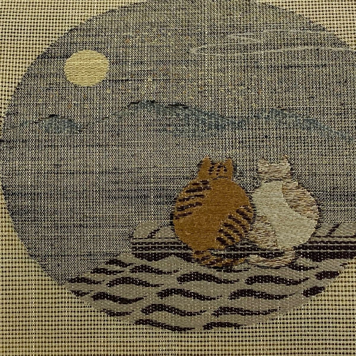 【美品】名古屋帶 逸品級 貓 月 金絲 米色 純蠶絲