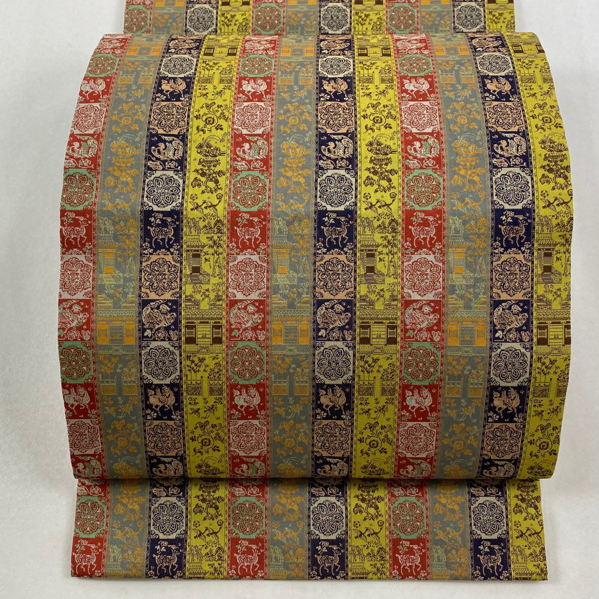 【美品】 開口名古屋帶 逸品級 龍村美術織物 建築物 鳥 金絲 銀絲 芥末色 純蠶絲