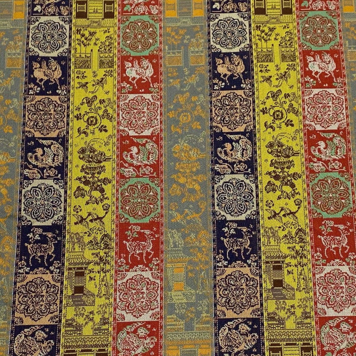 【美品】 開口名古屋帶 逸品級 龍村美術織物 建築物 鳥 金絲 銀絲 芥末色 純蠶絲