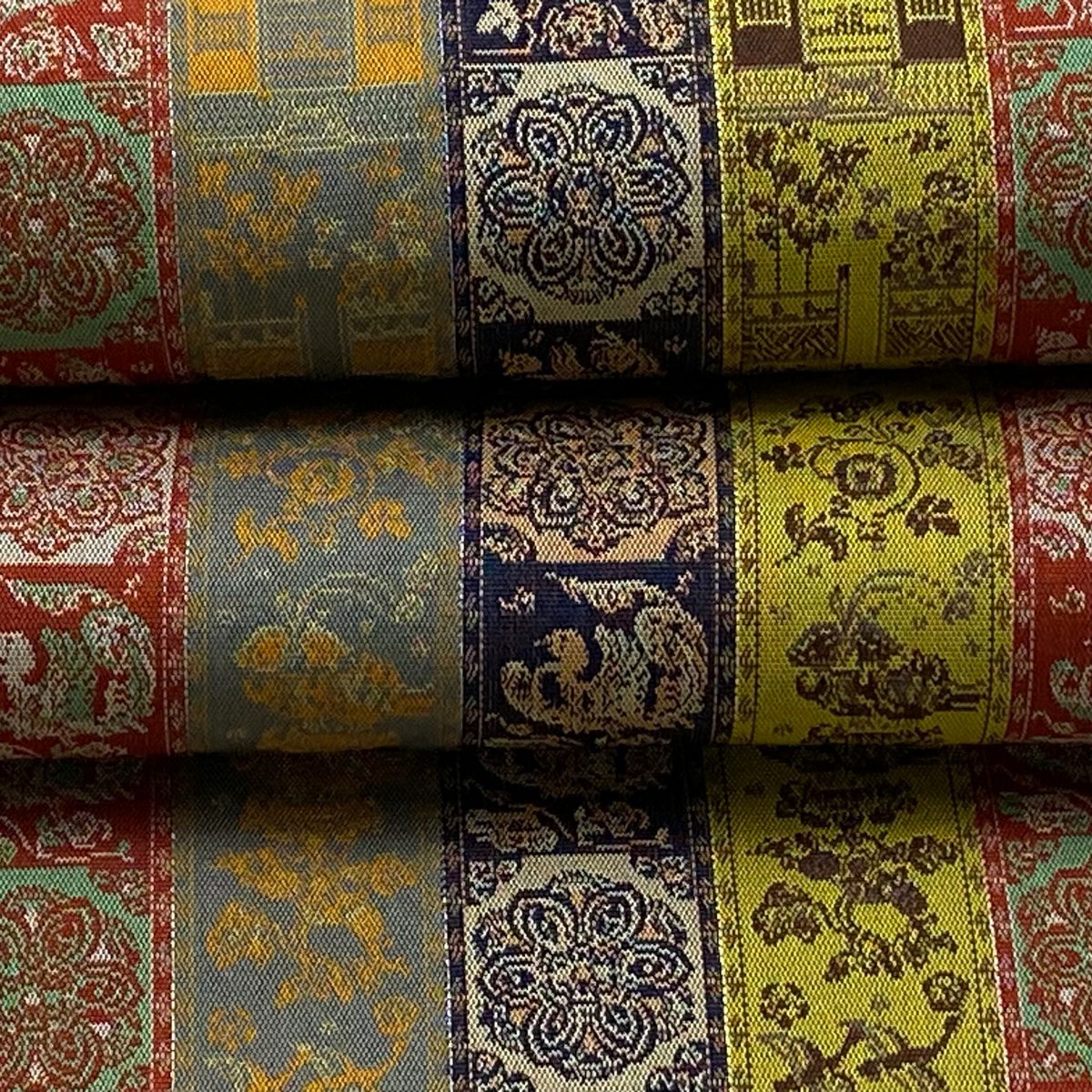 【美品】 開口名古屋帶 逸品級 龍村美術織物 建築物 鳥 金絲 銀絲 芥末色 純蠶絲