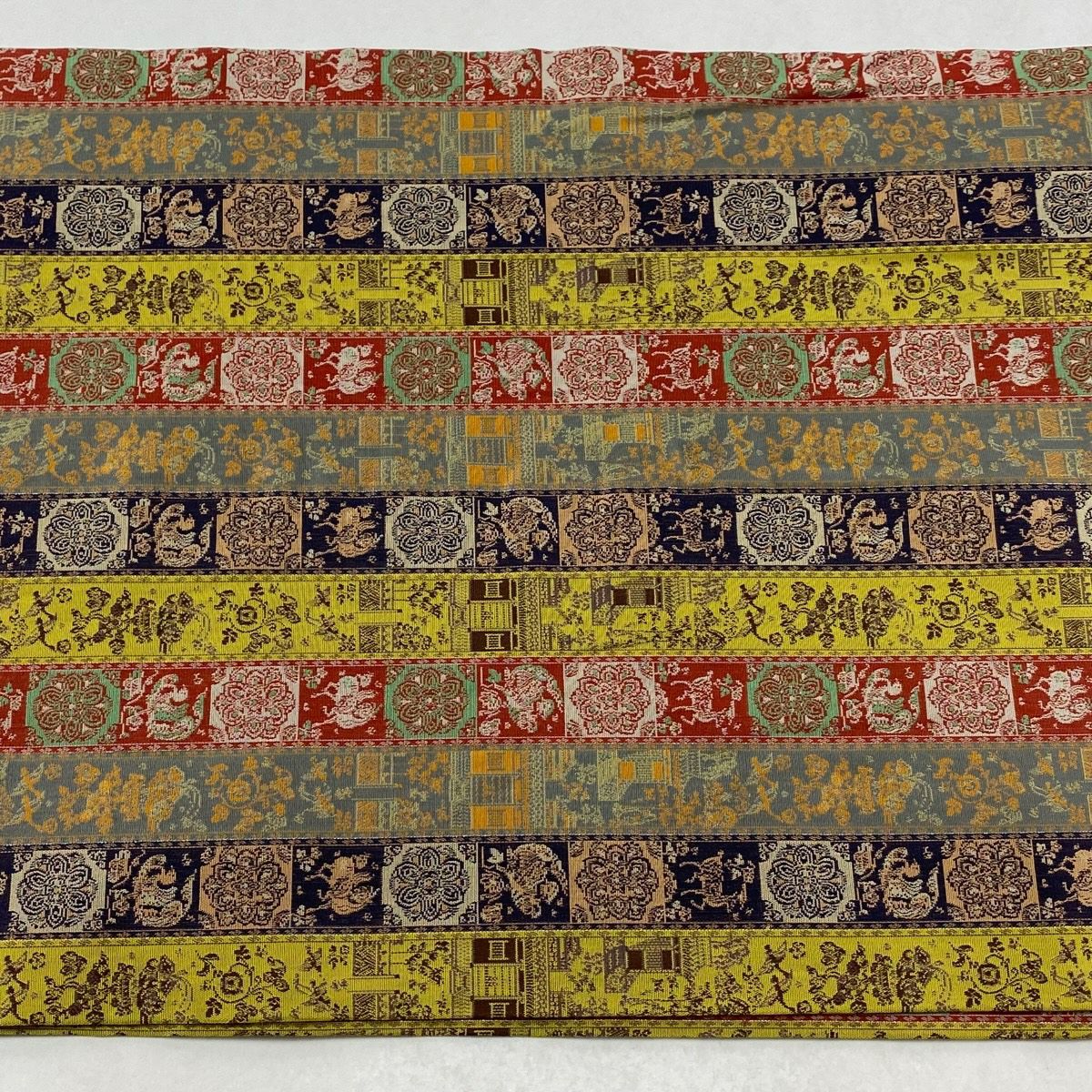 【美品】 開口名古屋帶 逸品級 龍村美術織物 建築物 鳥 金絲 銀絲 芥末色 純蠶絲