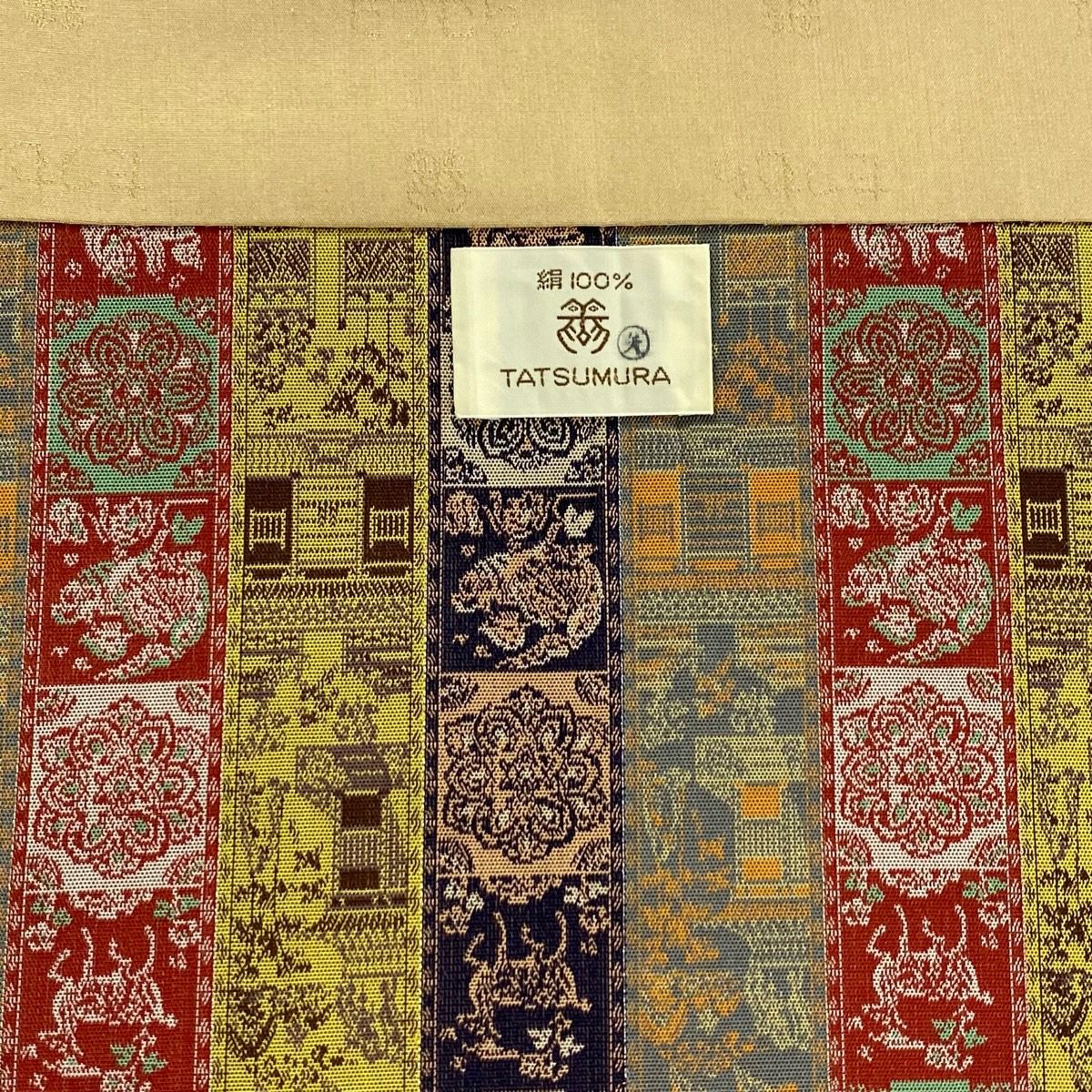 【美品】 開口名古屋帶 逸品級 龍村美術織物 建築物 鳥 金絲 銀絲 芥末色 純蠶絲