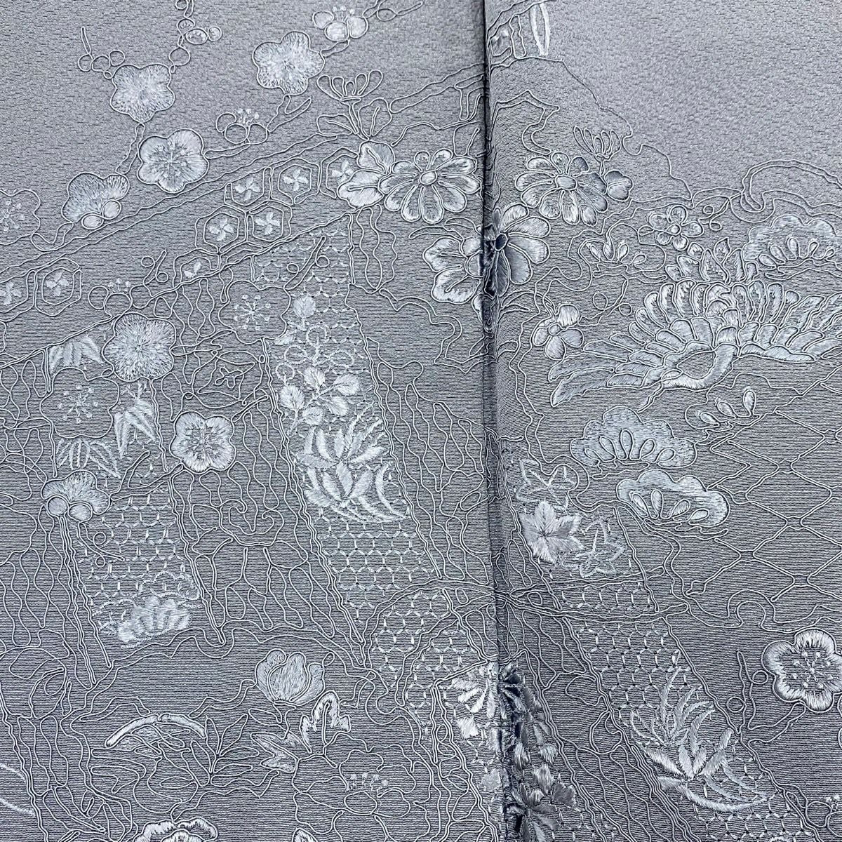 付下 身長152.5cm 袖長64cm M 雙層 幾帳 花鳥 刺繡 青灰 純蠶絲 名品級 一つ紋