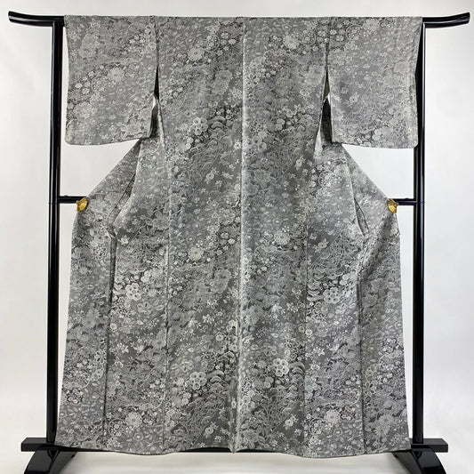 小紋 身長160.5cm 袖長64cm M 雙層 雪輪 草花紋紋意匠 墨色 純蠶絲 逸品級