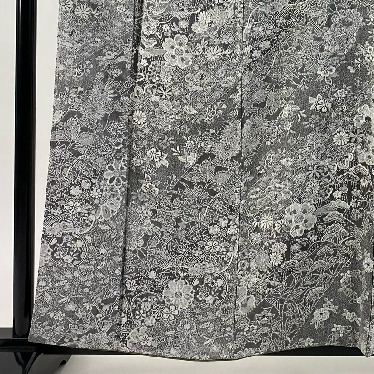 小紋 身長160.5cm 袖長64cm M 雙層 雪輪 草花紋紋意匠 墨色 純蠶絲 逸品級