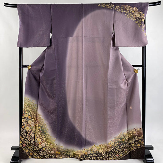 【美品】訪問服 身長170cm 袖長69cm L 雙層 德永憲峯 落款あり 辻花染 楓 金通し ぼかし 紫 純蠶絲 逸品級