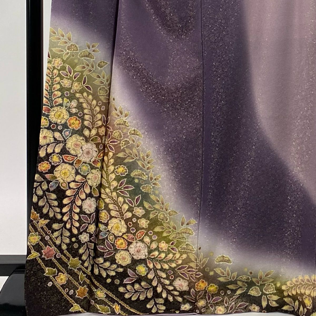 【美品】訪問服 身長170cm 袖長69cm L 雙層 德永憲峯 落款あり 辻花染 楓 金通し ぼかし 紫 純蠶絲 逸品級