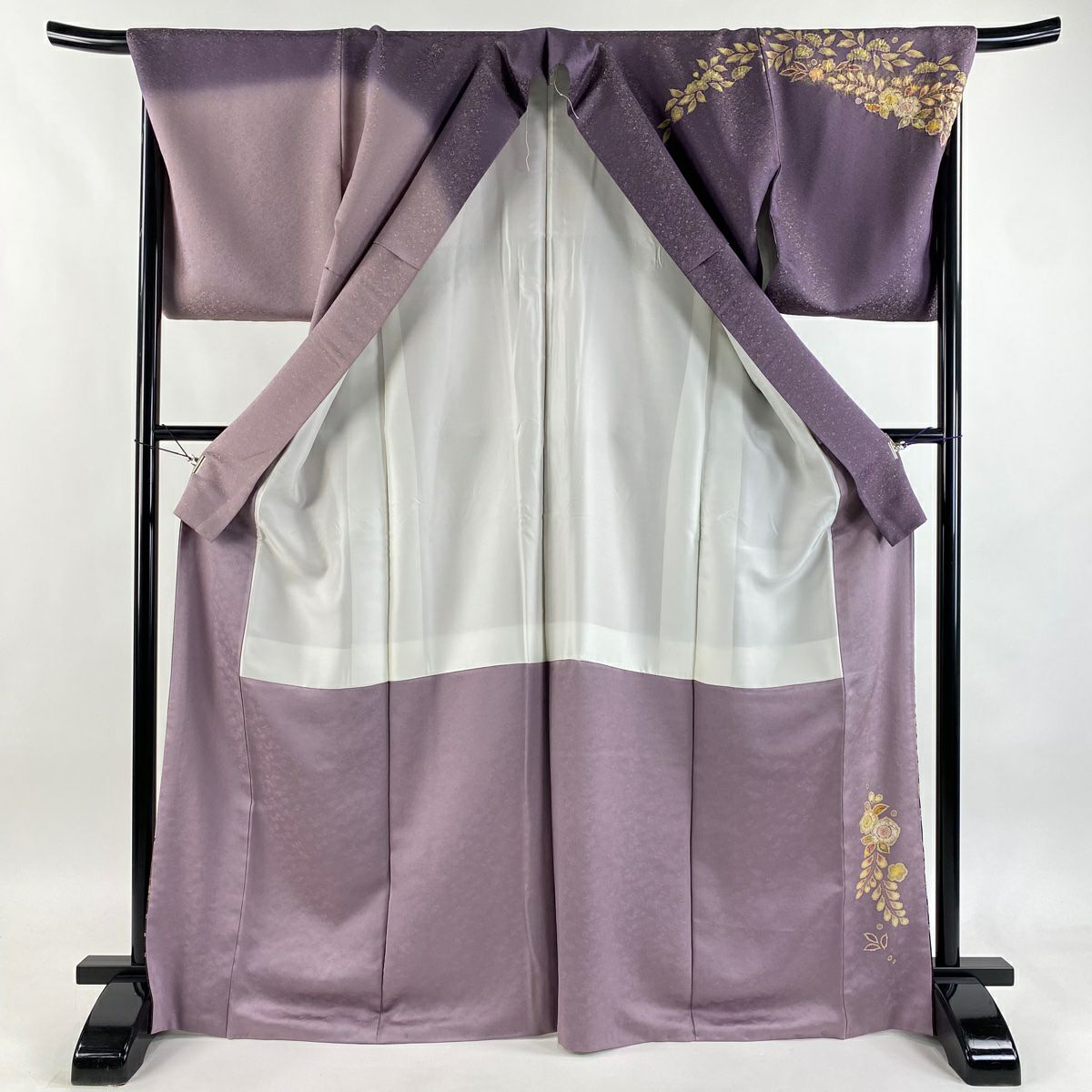 【美品】訪問服 身長170cm 袖長69cm L 雙層 德永憲峯 落款あり 辻花染 楓 金通し ぼかし 紫 純蠶絲 逸品級