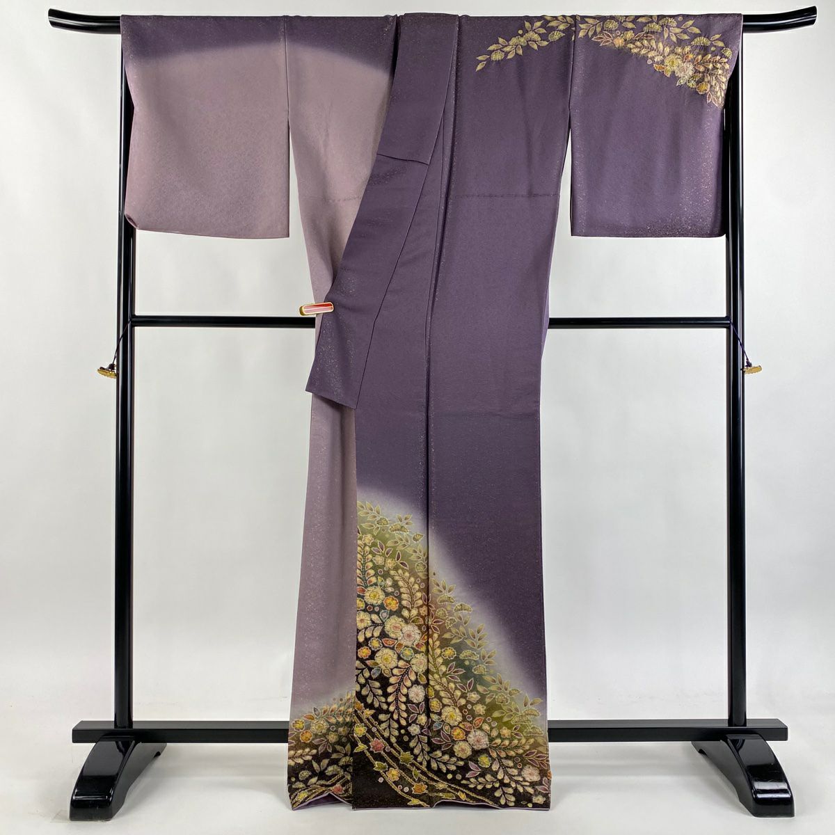 【美品】訪問服 身長170cm 袖長69cm L 雙層 德永憲峯 落款あり 辻花染 楓 金通し ぼかし 紫 純蠶絲 逸品級