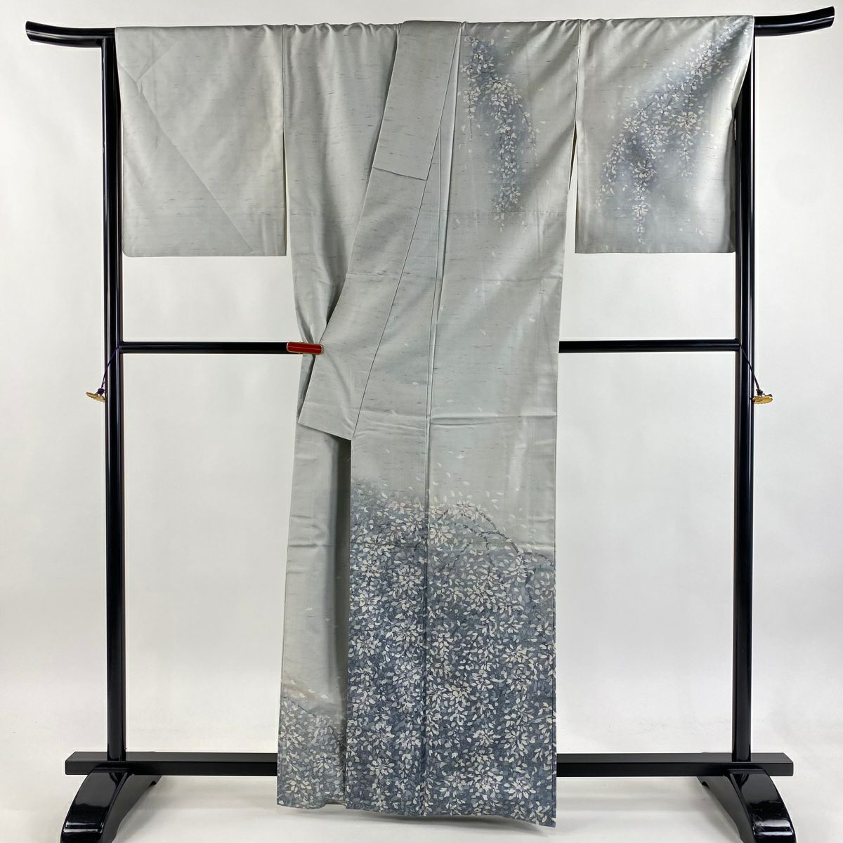 訪問服 身長163cm 袖長68cm L 雙層 牛首紬織織 地 落款あり 枝垂櫻 花瓣 漸層 灰色 純蠶絲 逸品級