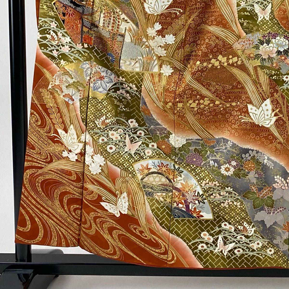 振袖禮服 身長156.5cm 袖長64.5cm M 雙層 扇子面 草花紋 金銀彩 漸層 紅茶 純蠶絲 優品級