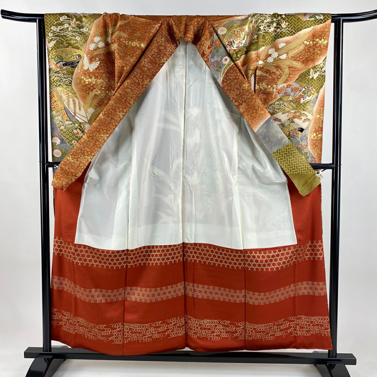 振袖禮服 身長156.5cm 袖長64.5cm M 雙層 扇子面 草花紋 金銀彩 漸層 紅茶 純蠶絲 優品級