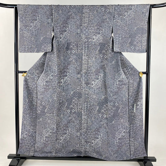 【美品】 小紋 身長157cm 袖長65cm M 雙層 大和 落款 草花紋 有職紋樣 縮緬 灰色 純蠶絲 秀品級