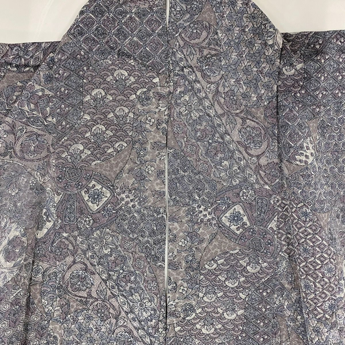 【美品】 小紋 身長157cm 袖長65cm M 雙層 大和 落款 草花紋 有職紋樣 縮緬 灰色 純蠶絲 秀品級