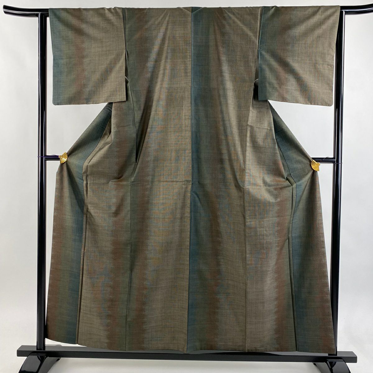 紬織 身長157.5cm 袖長63cm S 雙層 幾何學圖案 茶綠 純蠶絲 秀品級