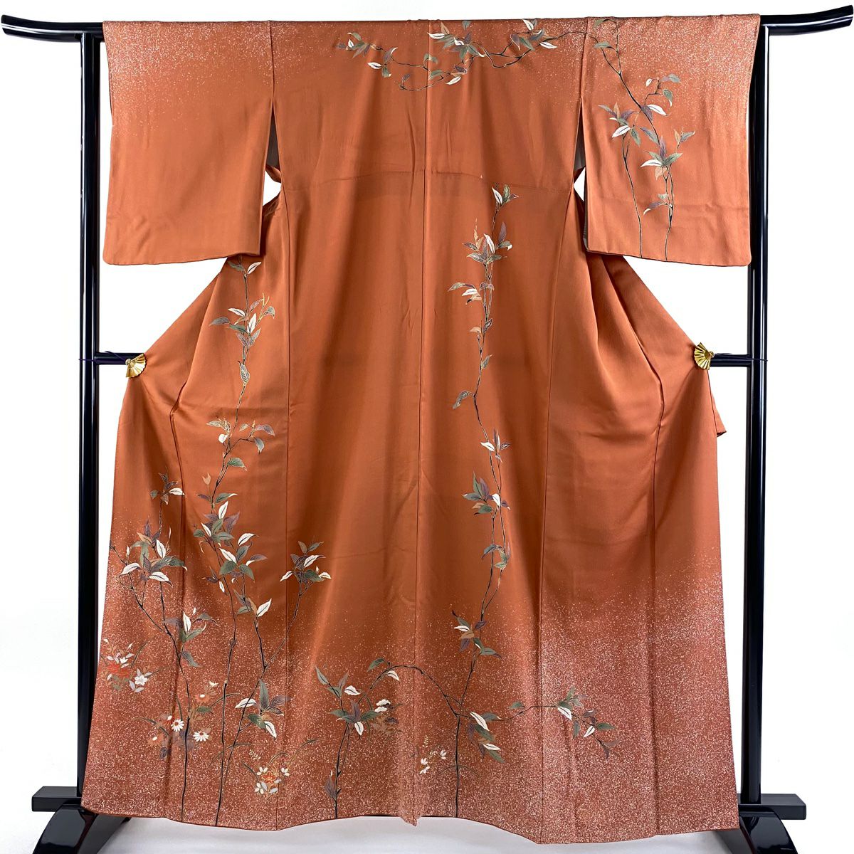 訪問服 身長162cm 袖長64cm M 雙層 秋草 枝葉 金彩裝飾 紅 純蠶絲 秀品級