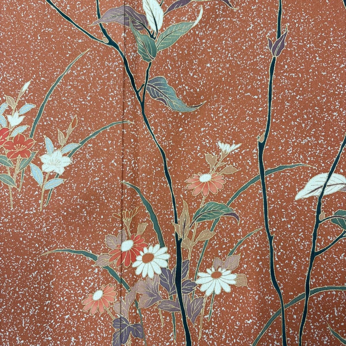 訪問服 身長162cm 袖長64cm M 雙層 秋草 枝葉 金彩裝飾 紅 純蠶絲 秀品級