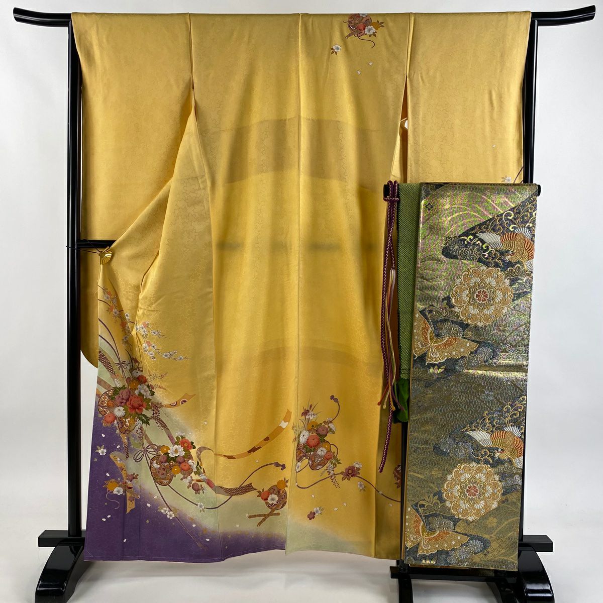 振袖禮服 身長161cm 袖長65.5cm M 雙層 袋帶全套 花車 笛 金銀彩 漸層 淺橙色 純蠶絲 名品級
