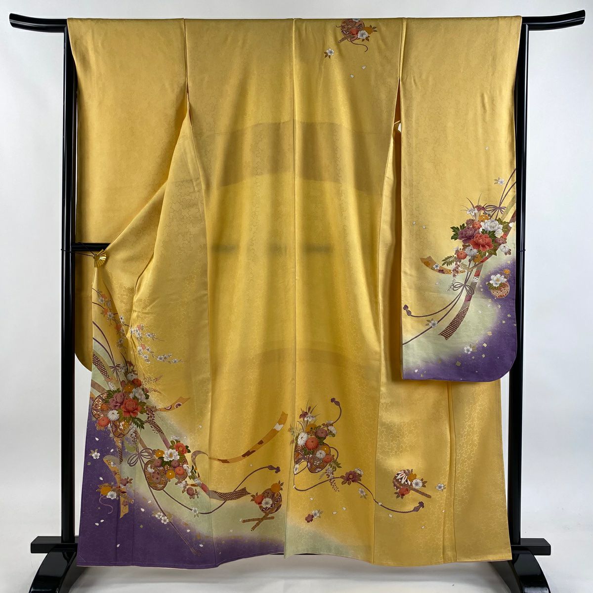 振袖禮服 身長161cm 袖長65.5cm M 雙層 袋帶全套 花車 笛 金銀彩 漸層 淺橙色 純蠶絲 名品級